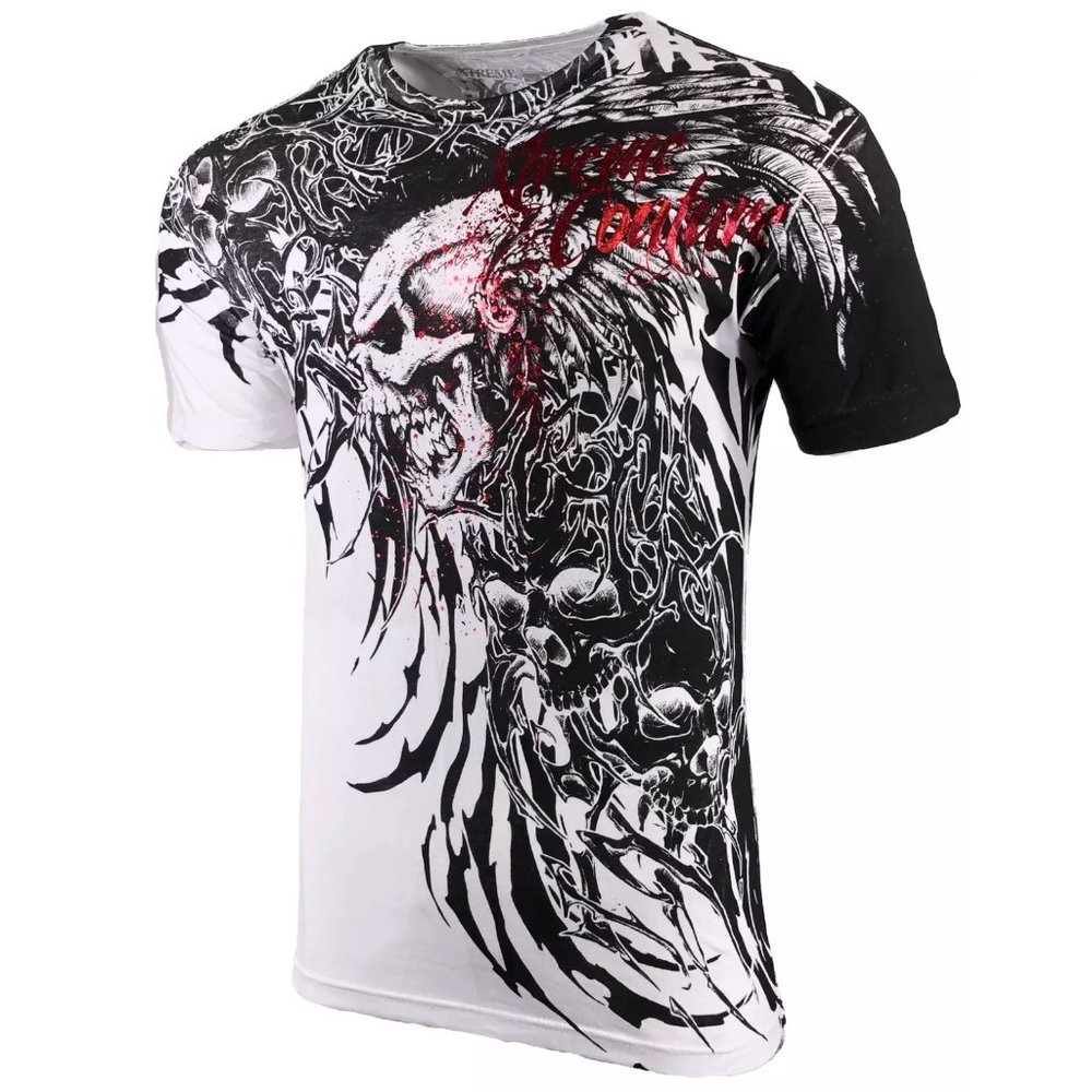 Xtreme Couture Affliction Men's T-Shirt BRUTAL COMBAT White Skull Biker Tattoo - Picture 5 of 8